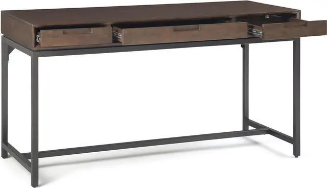 Alt view image 5 of 7 - SIMPLIHOME Banting Desk - 60-Inch Wide Solid Hardwood and Metal Writing Desk in Walnut Brown, Modern Industrial Home Office Computer Table for Study with 2 Drawers and Flip-Down Keyboard Tray