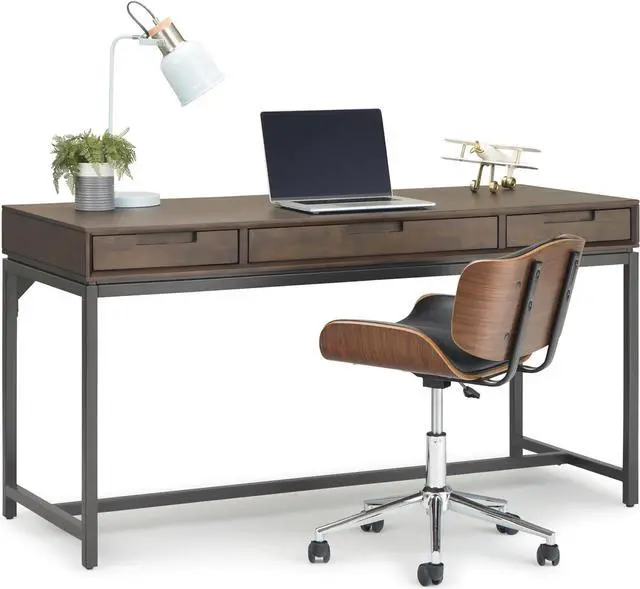 Alt view image 4 of 7 - SIMPLIHOME Banting Desk - 60-Inch Wide Solid Hardwood and Metal Writing Desk in Walnut Brown, Modern Industrial Home Office Computer Table for Study with 2 Drawers and Flip-Down Keyboard Tray