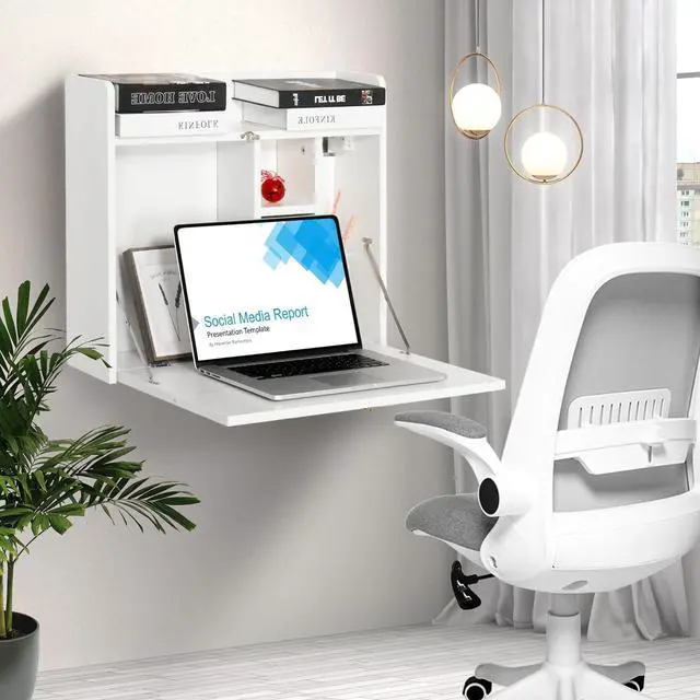 Alt view image 2 of 7 - YUSING Wall Mounted Table, Multifunctional Fold Down Wall Mounted Laptop Computer Desk with Storage Compartments for Home, Office, White