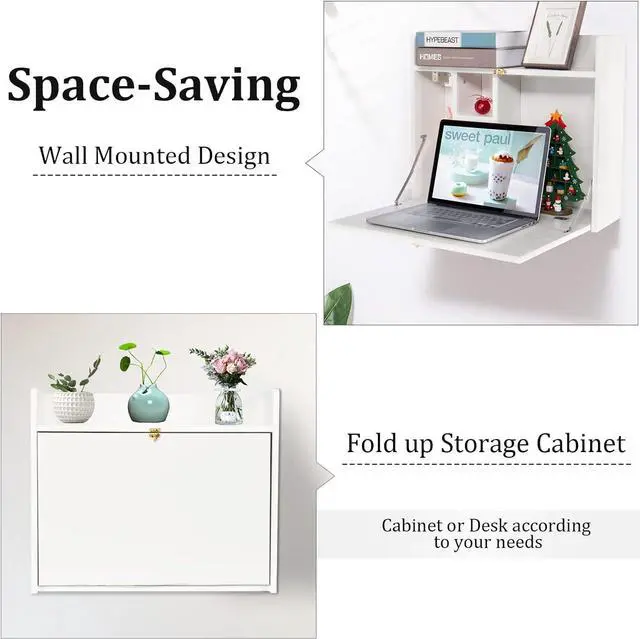 Alt view image 4 of 7 - YUSING Wall Mounted Table, Multifunctional Fold Down Wall Mounted Laptop Computer Desk with Storage Compartments for Home, Office, White