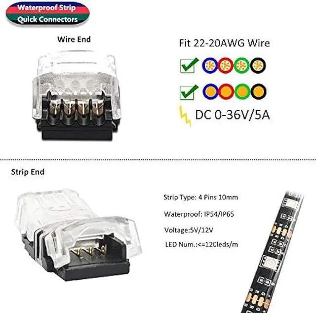 Alt view image 3 of 7 - AWSOM 4 Pin RGB LED Strip Connectors 10mm Set, RGB LED Strip Extension Cable Wire, Solderless LED Connectors 10mm for 5050 3528 RGB LED Strip Lights