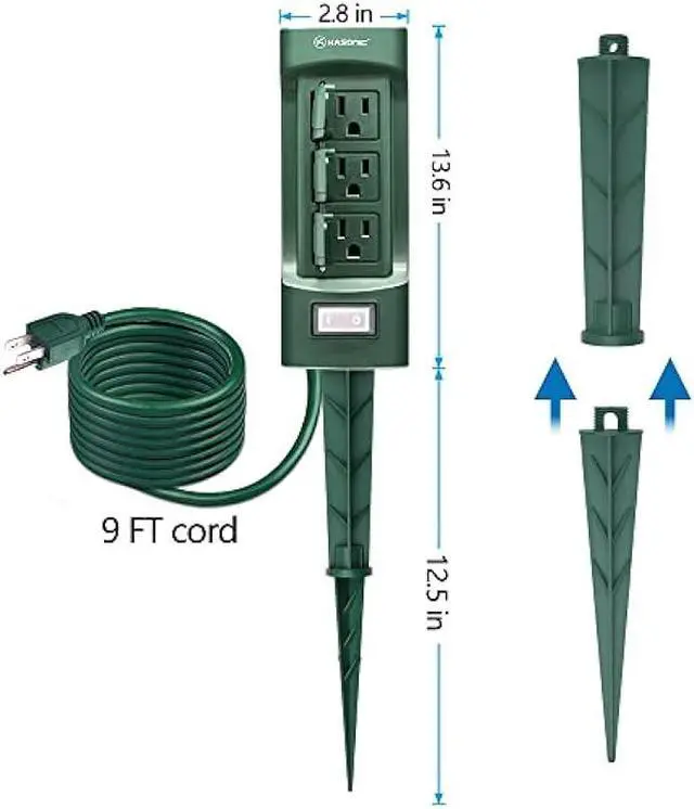 Alt view image 4 of 6 - K KASONIC Outdoor Power Stake, Kasonic 6-Outlet 9 ft Extension Cord Power Strip, Double Sided with Weatherproof Safety Flip Covers, ETL Certified Multi-Outlets (Outdoor)
