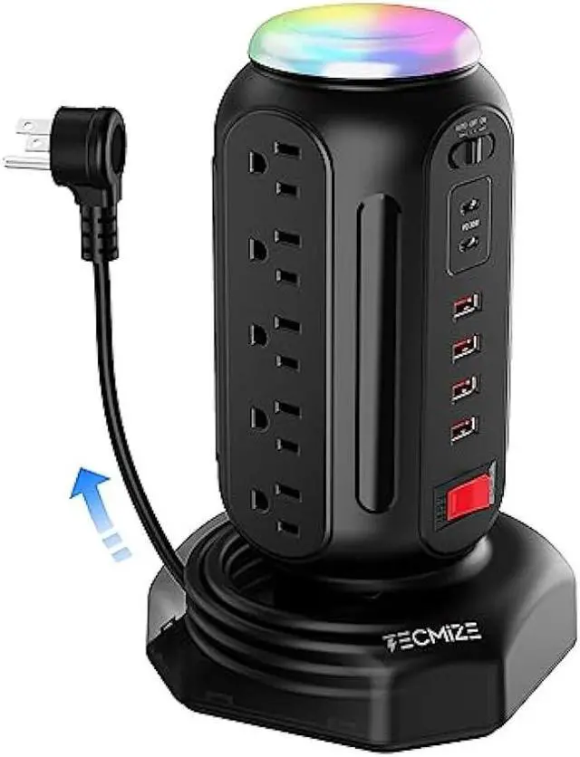 Main image of Power Strip Tower-Surge Protector-Fast Charging PD 30W-Multiple Plug Outlet Tower w/RGB Night Light-15 Outlets Power Tower-6 USB Ports-Space Saving-Retractable Extension Cord 6.5ft for Home,Office.