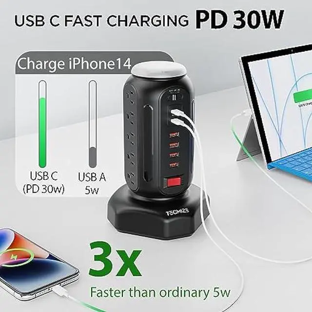 Alt view image 4 of 6 - Power Strip Tower-Surge Protector-Fast Charging PD 30W-Multiple Plug Outlet Tower w/RGB Night Light-15 Outlets Power Tower-6 USB Ports-Space Saving-Retractable Extension Cord 6.5ft for Home,Office.