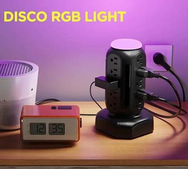 Alt view image 5 of 6 - Power Strip Tower-Surge Protector-Fast Charging PD 30W-Multiple Plug Outlet Tower w/RGB Night Light-15 Outlets Power Tower-6 USB Ports-Space Saving-Retractable Extension Cord 6.5ft for Home,Office.