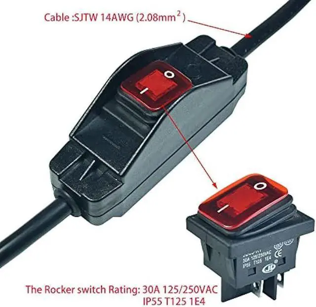 Alt view image 4 of 6 - Black 3 Prong Extension Cord with Waterproof Switch14AWG Heavy Duty Short Extension Cord with RED LED On Off Switch