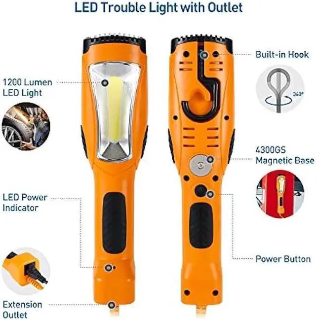 Alt view image 2 of 7 - [ETL Listed] Cable Matters 15ft LED Drop Light with Extension Cord, Outlet, Magnetic Base and Built-in Handle in Orange - 1200 Lumen Work Light/Trouble Light for Garage, 16 AWG Extension Cord