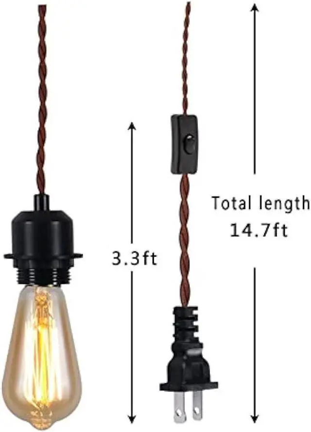 Alt view image 2 of 6 - Yzyaxsaa 15Ft Pendant Light Cord, Hanging Light Kit with Switch Plug,Vintage Brown Twisted Hemp Rope Pendant Lights Socket Set E26 for Extension Hanging Pendant Lamp Farmhouse Lamp Cable (Brown)