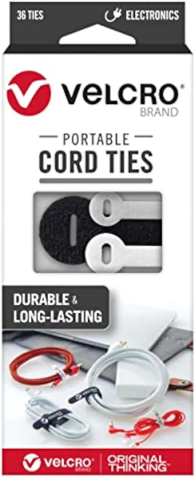 Main image of VELCRO Brand Portable Cord Organizer Ties | Organize Headphone Wires, Charging Cables, Power Cords in Backpacks Briefcases and Travel Bags | 3 Sizes and Colors, 36 pc Bulk Pack, 36pk Cord Ties