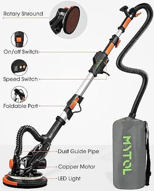 Alt view image 2 of 7 - Electric Drywall Sander with Vacuum Dust Collection, Variable Speed, LED Light, Foldable Handle, Sanding Discs & Grids