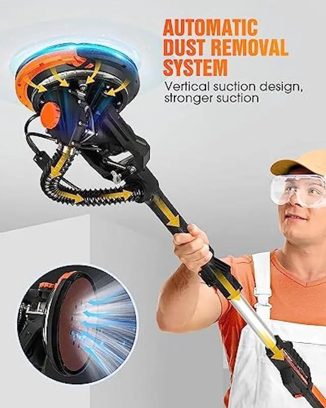 Alt view image 3 of 7 - Electric Drywall Sander with Vacuum Dust Collection, Variable Speed, LED Light, Foldable Handle, Sanding Discs & Grids