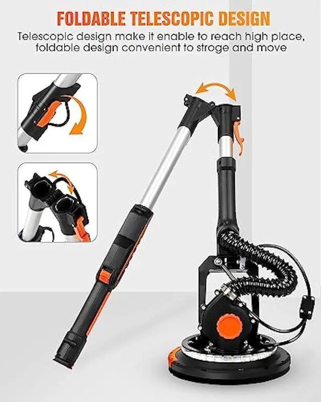 Alt view image 4 of 7 - Electric Drywall Sander with Vacuum Dust Collection, Variable Speed, LED Light, Foldable Handle, Sanding Discs & Grids