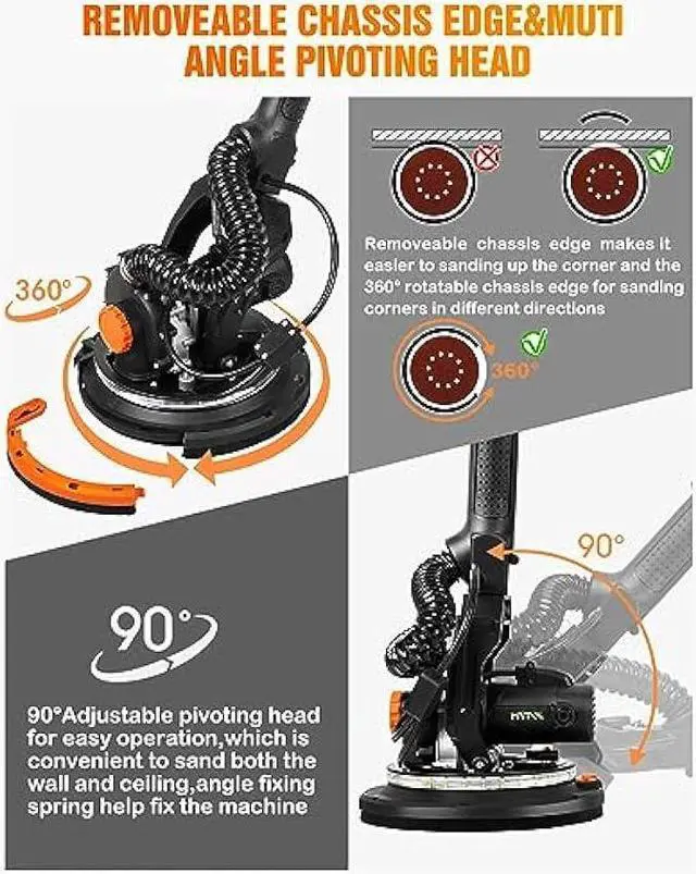 Alt view image 5 of 7 - Electric Drywall Sander with Vacuum Dust Collection, Variable Speed, LED Light, Foldable Handle, Sanding Discs & Grids