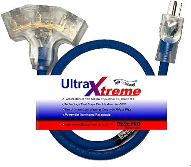 Main image of CW43939 UltraXtreme 2.5 FT Blue Frigid Flex Extension Cable NEMA 5-15P Plug to Triple Receptacle Block Illuminated (Free Economy & Standard Shipping)