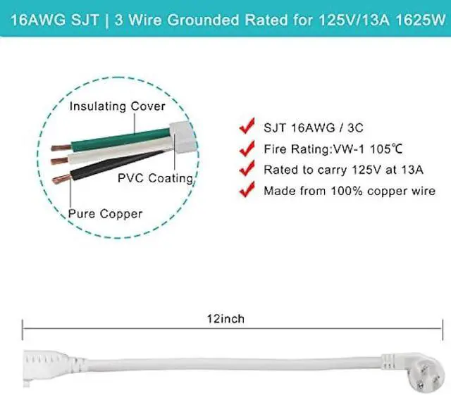 Alt view image 2 of 7 - Short Power Extension Cord 1FT - Right Angle Flat Head Extension Cord with 3 Prong White Low Profile Flat Plug 3 Prong Power Cable Single Grounded SJT 16AWG Flexible Power Cord for Indoor Use (5 PACK)
