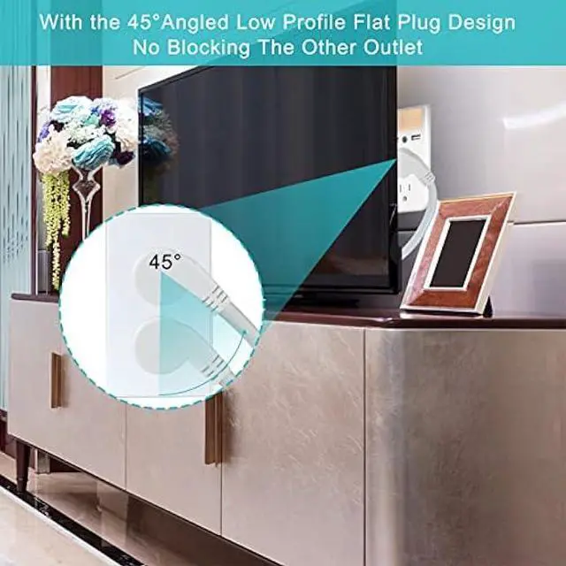 Alt view image 3 of 7 - Short Power Extension Cord 1FT - Right Angle Flat Head Extension Cord with 3 Prong White Low Profile Flat Plug 3 Prong Power Cable Single Grounded SJT 16AWG Flexible Power Cord for Indoor Use (5 PACK)