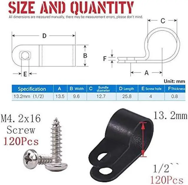 Alt view image 2 of 7 - Hilitchi 120Pcs Plastic Cable Clamp R Type Screw Mounting Cord Fastener Cable Clips with Screws for Wire Management Cable Conduit (1/2, Black)