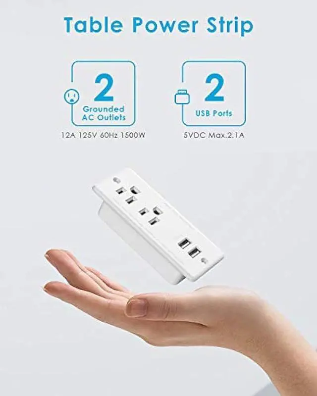 Alt view image 2 of 6 - Recessed Power Strip with USB,Flat Plug Ultra Thin Extension Cord,Furniture Desktop Charging Station for Side Table,End Table,Flush-Mount Desk Outlet Power Grommet with 9.85ft Cord(White)