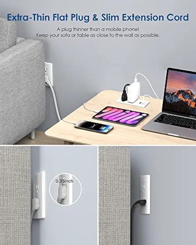 Alt view image 3 of 6 - Recessed Power Strip with USB,Flat Plug Ultra Thin Extension Cord,Furniture Desktop Charging Station for Side Table,End Table,Flush-Mount Desk Outlet Power Grommet with 9.85ft Cord(White)