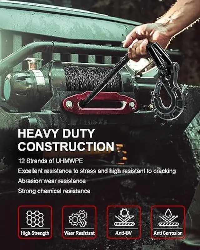 Alt view image 3 of 7 - DAYDOOR 3/8'' x 92ft Synthetic Winch Rope, 25,500 Lbs Winch Rope Cable Kit, Winch Line Replacement with Protective Sleeve and Heavy Duty Forged Winch Hook for 4WD Off Road Vehicle Truck ATV UTV