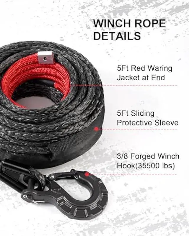 Alt view image 4 of 7 - DAYDOOR 3/8'' x 92ft Synthetic Winch Rope, 25,500 Lbs Winch Rope Cable Kit, Winch Line Replacement with Protective Sleeve and Heavy Duty Forged Winch Hook for 4WD Off Road Vehicle Truck ATV UTV