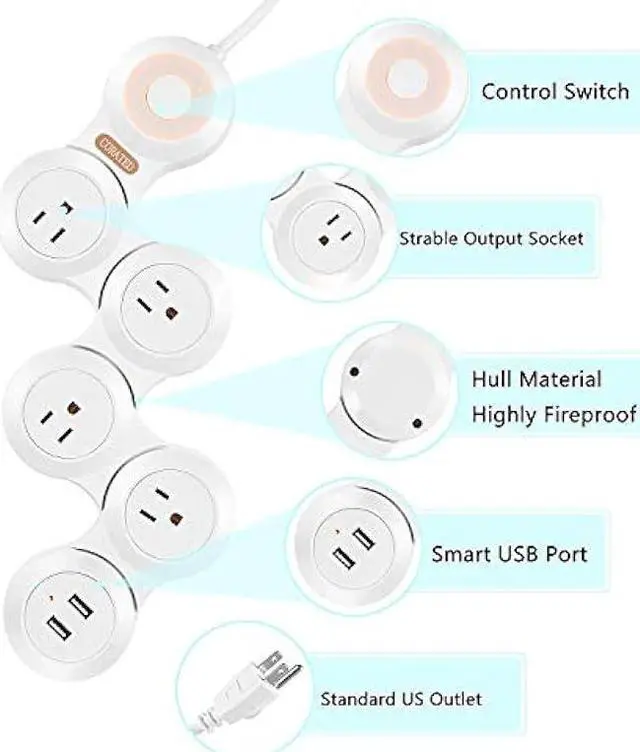 Alt view image 2 of 6 - Flexible Surge Protector Power Strip with 2 USB Ports and 4 Outlets for Home, Office and Travel (9Ft Long Cord, White)