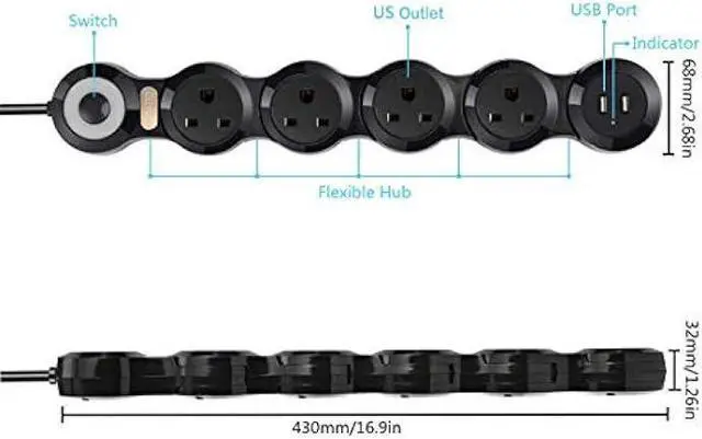 Alt view image 5 of 6 - Flexible Surge Protector Power Strip with 2 USB Ports and 4 Outlets for Home, Office and Travel (9Ft Long Cord, White)