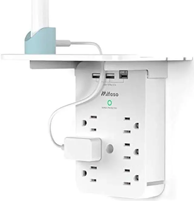 Main image of Wall Outlet Extender - Surge Protector 6 AC Outlets Multi Plug Outlet with Shelf, 2 USB and USB C Charging Ports Wall Plug Expander, USB Wall Charger Outlet Splitter for Home Dorm White