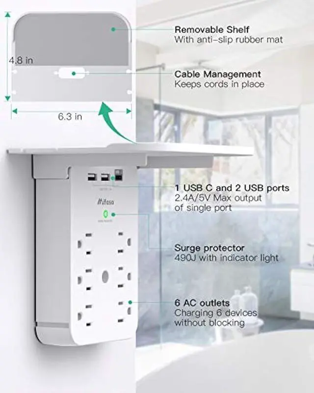 Alt view image 3 of 7 - Wall Outlet Extender - Surge Protector 6 AC Outlets Multi Plug Outlet with Shelf, 2 USB and USB C Charging Ports Wall Plug Expander, USB Wall Charger Outlet Splitter for Home Dorm White