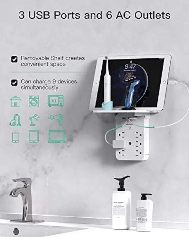 Alt view image 2 of 7 - Wall Outlet Extender - Surge Protector 6 AC Outlets Multi Plug Outlet with Shelf, 2 USB and USB C Charging Ports Wall Plug Expander, USB Wall Charger Outlet Splitter for Home Dorm White