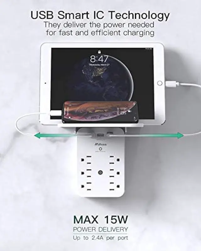 Alt view image 4 of 7 - Wall Outlet Extender - Surge Protector 6 AC Outlets Multi Plug Outlet with Shelf, 2 USB and USB C Charging Ports Wall Plug Expander, USB Wall Charger Outlet Splitter for Home Dorm White