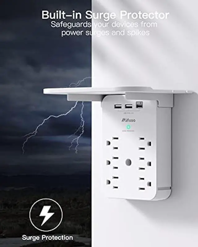 Alt view image 5 of 7 - Wall Outlet Extender - Surge Protector 6 AC Outlets Multi Plug Outlet with Shelf, 2 USB and USB C Charging Ports Wall Plug Expander, USB Wall Charger Outlet Splitter for Home Dorm White