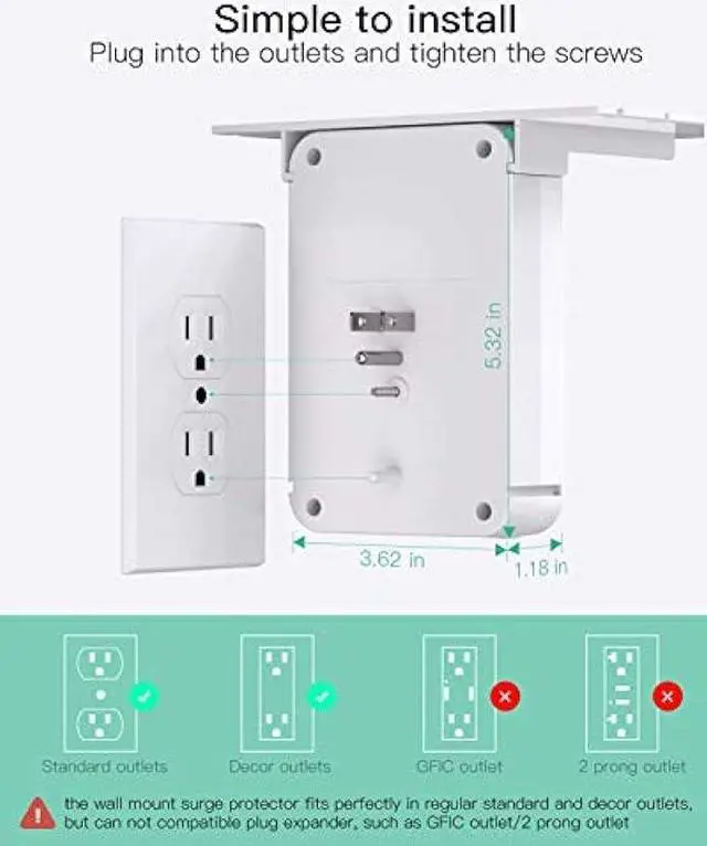 Alt view image 6 of 7 - Wall Outlet Extender - Surge Protector 6 AC Outlets Multi Plug Outlet with Shelf, 2 USB and USB C Charging Ports Wall Plug Expander, USB Wall Charger Outlet Splitter for Home Dorm White