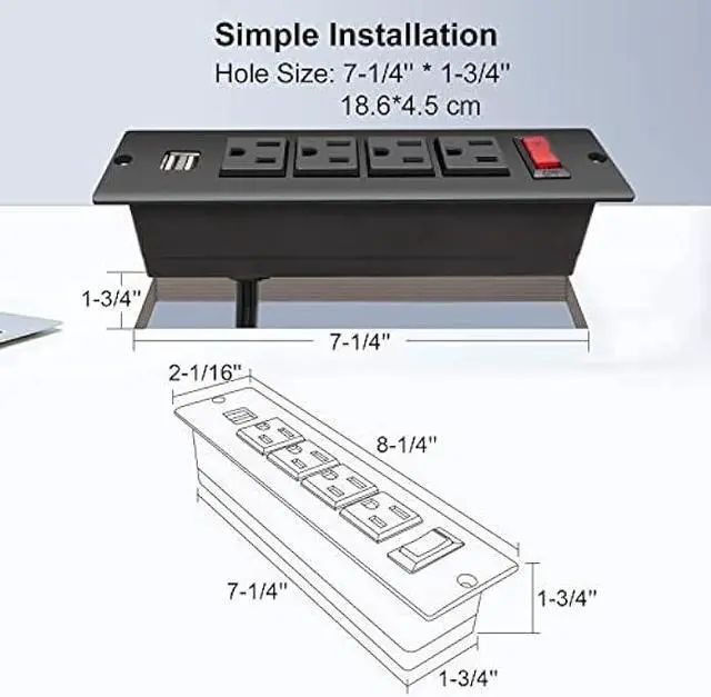 Alt view image 3 of 6 - Recessed Power Strip with USB Flush Mount Power Outlet Built in Desktop Power Extension Cord Plug for Countertop Kitchen Drawer Conference Cabinet Nightstand Desk.
