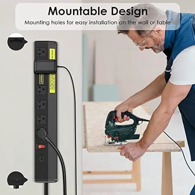 Alt view image 4 of 7 - JUNNUJ Heavy Duty Metal Power Strip 20 Amp, High Amp Surge Protector 6 Outlet, 20A Power Strips Workshop Industrial Outlets Wide Spaced 6-20R T-Slot with Circuit Breaker, 12 Gauge Extension Cord 10ft