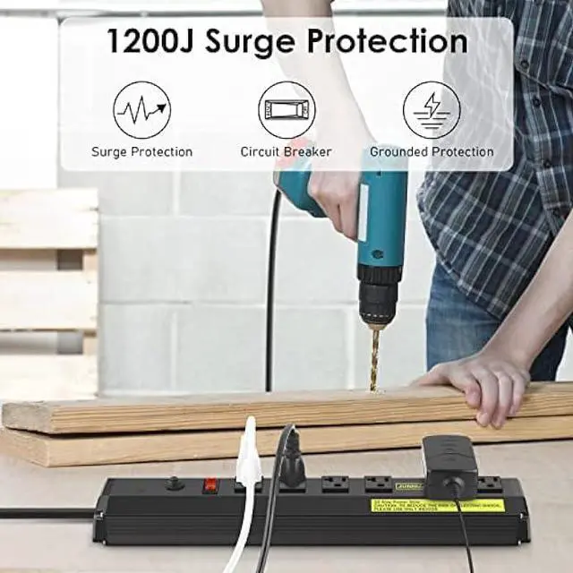 Alt view image 5 of 7 - JUNNUJ Heavy Duty Metal Power Strip 20 Amp, High Amp Surge Protector 6 Outlet, 20A Power Strips Workshop Industrial Outlets Wide Spaced 6-20R T-Slot with Circuit Breaker, 12 Gauge Extension Cord 10ft