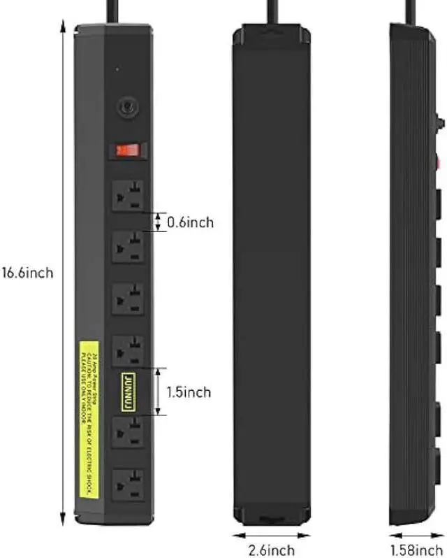 Alt view image 6 of 7 - JUNNUJ Heavy Duty Metal Power Strip 20 Amp, High Amp Surge Protector 6 Outlet, 20A Power Strips Workshop Industrial Outlets Wide Spaced 6-20R T-Slot with Circuit Breaker, 12 Gauge Extension Cord 10ft