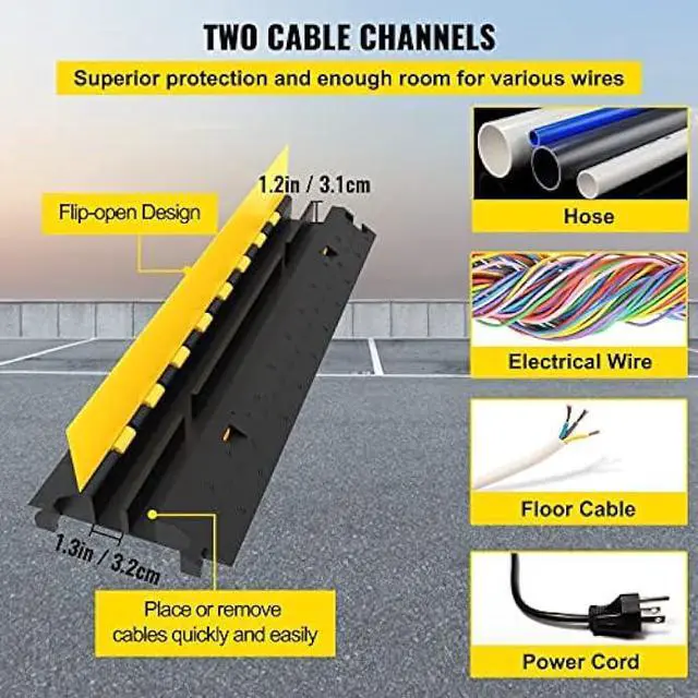 Alt view image 3 of 7 - Happybuy 4 Pack Rubber Cable Protector Ramp 2 Channel Heavy Duty 66000lbs Load Capacity Cable Wire Cord Cover Ramp Speed Bump Driveway Hose Cable Ramp Protective Cover