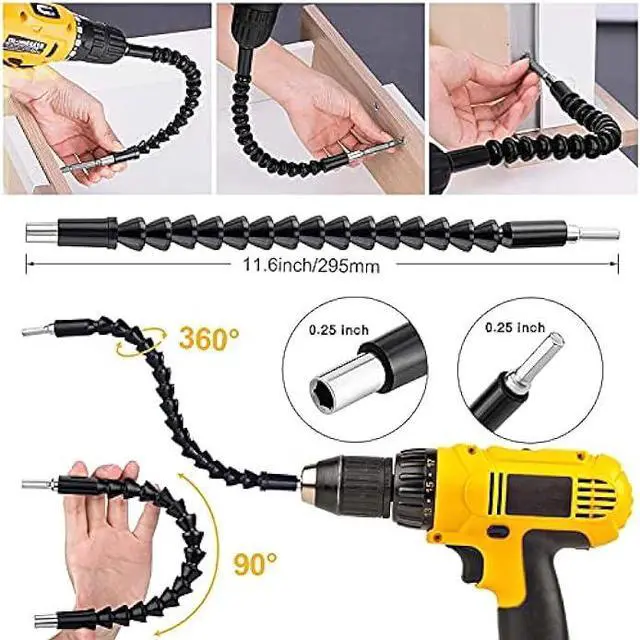 Alt view image 2 of 7 - Flexible Drill Bit Extension Set 19pcs, Hex Shank 105°Right Angle Drill Bit Attachment, 3pcs Drill Bit Holder Extension, 1/4 3/8 1/2 Universal Socket Adapter, Screwdriver Bit Kit