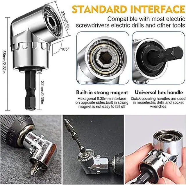 Alt view image 5 of 7 - Flexible Drill Bit Extension Set, 105° Right Angle Drill Attachment, 1/4 3/8 1/2 Hex Shank Impact Driver Socket Adapter Rotatable Socket, Bendable Drill Bit Extension and Screwdriver Bit Kit