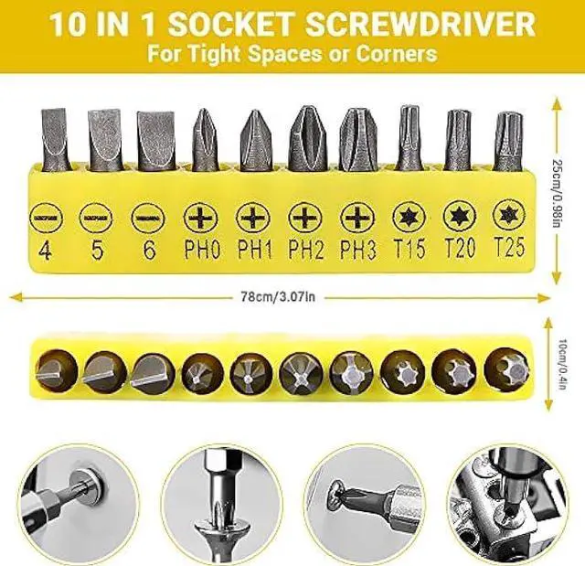Alt view image 7 of 7 - Flexible Drill Bit Extension Set, 105° Right Angle Drill Attachment, 1/4 3/8 1/2 Hex Shank Impact Driver Socket Adapter Rotatable Socket, Bendable Drill Bit Extension and Screwdriver Bit Kit