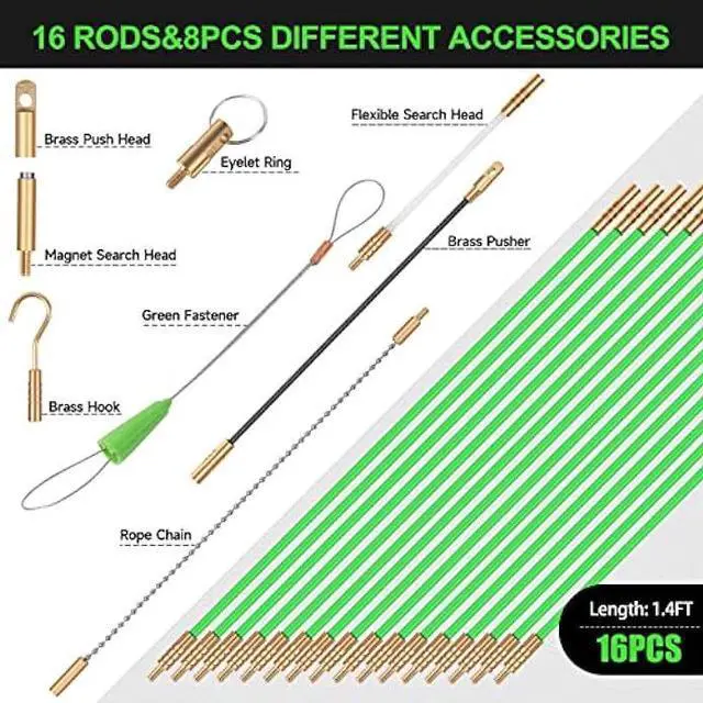 Alt view image 2 of 7 - FTIHTRY 22FT Fiberglass Running Electrical Wire Cable Glow Rods Wire Pulling, Fish Rods Electrical Kit with 8 Different Attachments and Fish Tape Wire Puller Kit