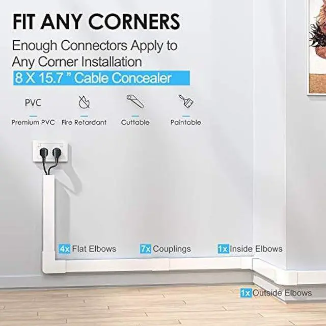 Alt view image 3 of 6 - Yecaye 125 Large Cable Concealer - Paintable Cord Cover Wall Cable Management System - PVC Wire Hide - Cable Raceway Kit for Wall Mount TV Office Home, 8X L15.7 W1.18 H0.67, CMC03-Large, White