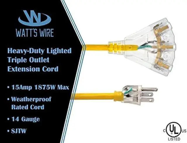 Alt view image 3 of 6 - 15 ft Outdoor Extension Cord Waterproof - 14 Gauge Heavy Duty Extension Cord Splitter - Lighted Outdoor Extension Cords with Multiple Outlets - Watts Wire - 15' Grounded - extensiones electricas