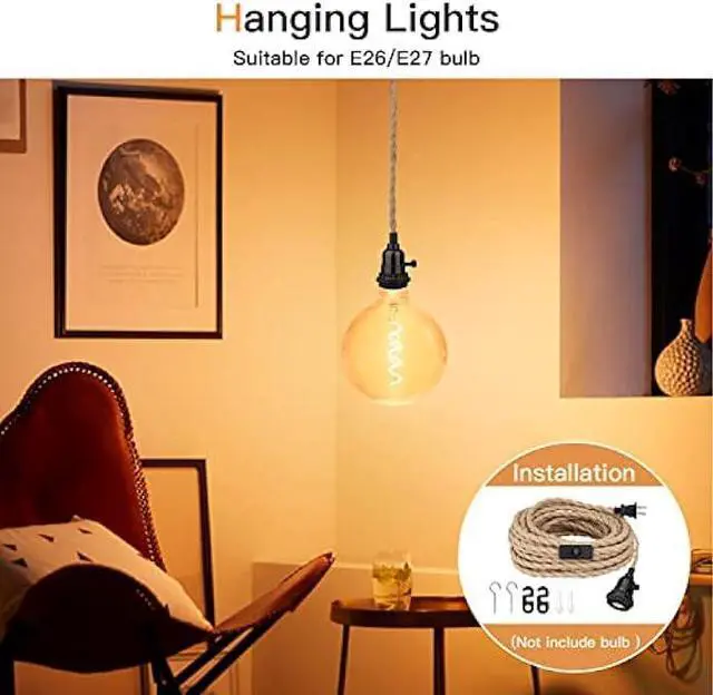 Alt view image 3 of 7 - Zevnico 16.5FT Pendant Light Kit, Hanging Lights with Plug in Cord & Switch, Hemp Rope Swag E26 Socket Pendant Lamp, Extension Lantern Cable Vintage Farmhouse Industrial Retro DIY Decoration Fixtures