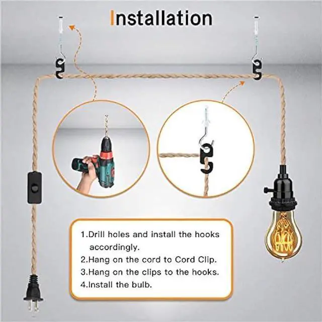 Alt view image 5 of 7 - Zevnico 16.5FT Pendant Light Kit, Hanging Lights with Plug in Cord & Switch, Hemp Rope Swag E26 Socket Pendant Lamp, Extension Lantern Cable Vintage Farmhouse Industrial Retro DIY Decoration Fixtures