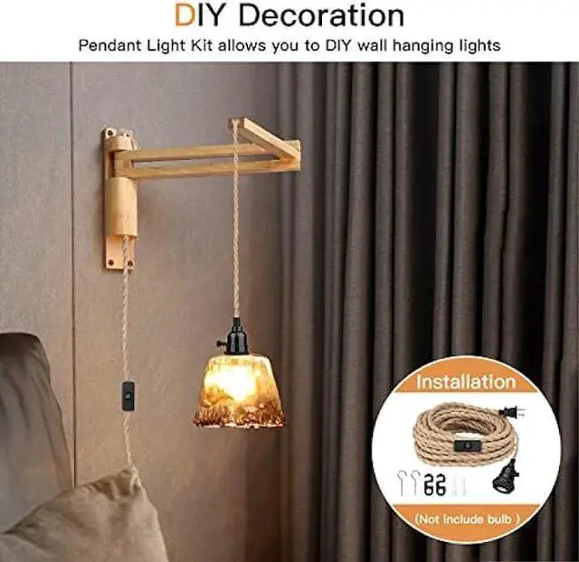 Alt view image 6 of 7 - Zevnico 16.5FT Pendant Light Kit, Hanging Lights with Plug in Cord & Switch, Hemp Rope Swag E26 Socket Pendant Lamp, Extension Lantern Cable Vintage Farmhouse Industrial Retro DIY Decoration Fixtures