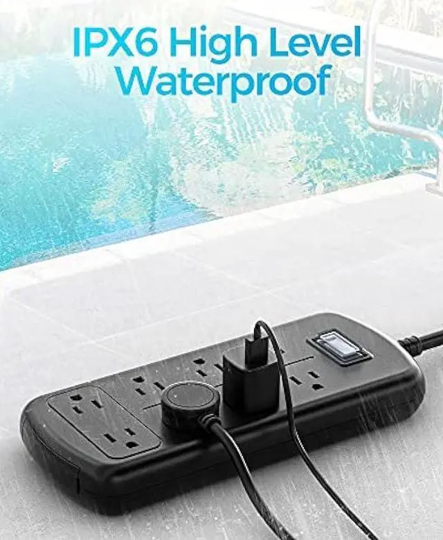 Alt view image 3 of 6 - Outdoor Power Strip 8 Outlets, Weatherproof Surge Protector with 6 FT Extension Cord, IPX6 Waterproof, 1875W Overload Protection, Mountable Outlet Extender for Home Patio and Garden, Black