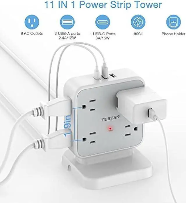 Alt view image 2 of 6 - Power Strip Tower Surge Protector, TESSAN 8 AC Outlets with 3 USB (1 USB C Port), 5 FT Flat Plug Extension Cord with Multiple Outlets, Desk Charging Station for Home Office Supplies, Dorm Room Grey