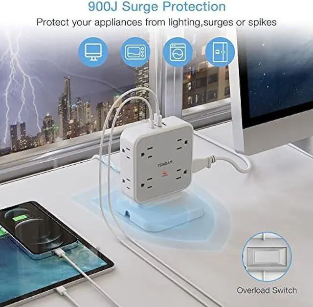 Alt view image 3 of 6 - Power Strip Tower Surge Protector, TESSAN 8 AC Outlets with 3 USB (1 USB C Port), 5 FT Flat Plug Extension Cord with Multiple Outlets, Desk Charging Station for Home Office Supplies, Dorm Room Grey